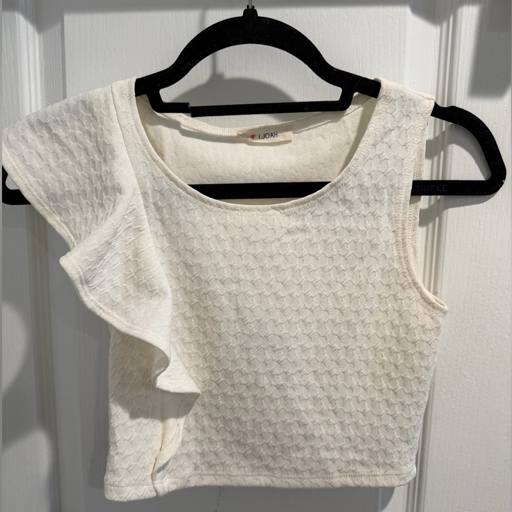 Ivory Textured Ruffle Sleeve Crop Top